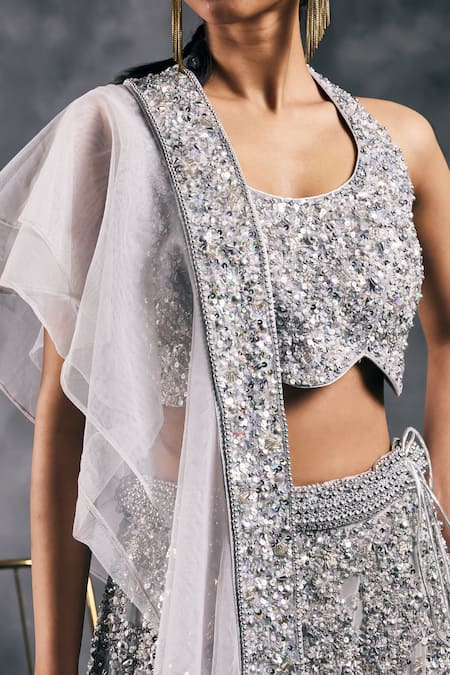 Shop_Vandana Sethi_Silver Net Sequins Halter Neck Fusion Lehenga Set 