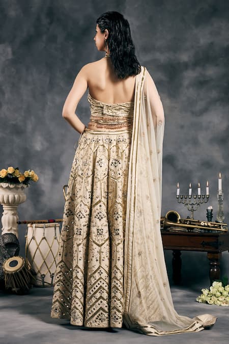 Shop_Vandana Sethi_Ivory Silk Embroidery Halter Neck And Gold Fusion Lehenga Set _Online_at_Aza_Fashions