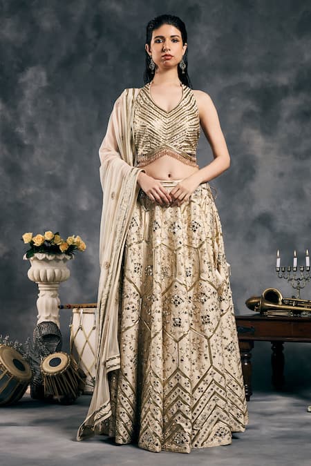 Vandana Sethi Ivory & Gold Embroidered Fusion Lehenga Set 