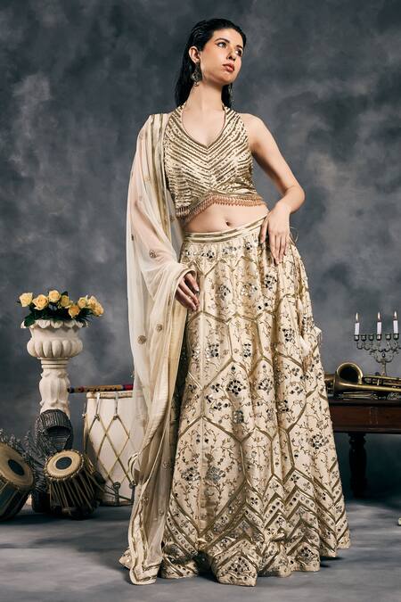 Shop_Vandana Sethi_Ivory Silk Embroidery Halter Neck And Gold Fusion Lehenga Set 
