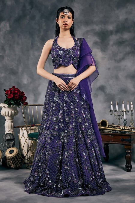 Vandana Sethi Purple Silk Mirrors Halter Neck Embroidered Fusion Lehenga Set 