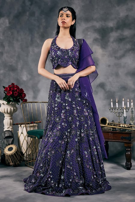 Buy_Vandana Sethi_Purple Silk Mirrors Halter Neck Embroidered Fusion Lehenga Set _Online_at_Aza_Fashions