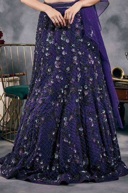 Shop_Vandana Sethi_Purple Silk Mirrors Halter Neck Embroidered Fusion Lehenga Set _Online_at_Aza_Fashions