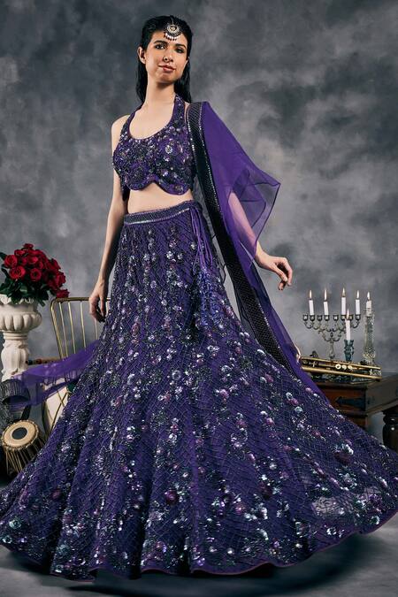 Vandana Sethi_Purple Silk Mirrors Halter Neck Embroidered Fusion Lehenga Set _at_Aza_Fashions