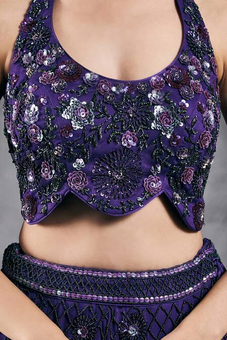 Buy_Vandana Sethi_Purple Silk Mirrors Halter Neck Embroidered Fusion Lehenga Set 