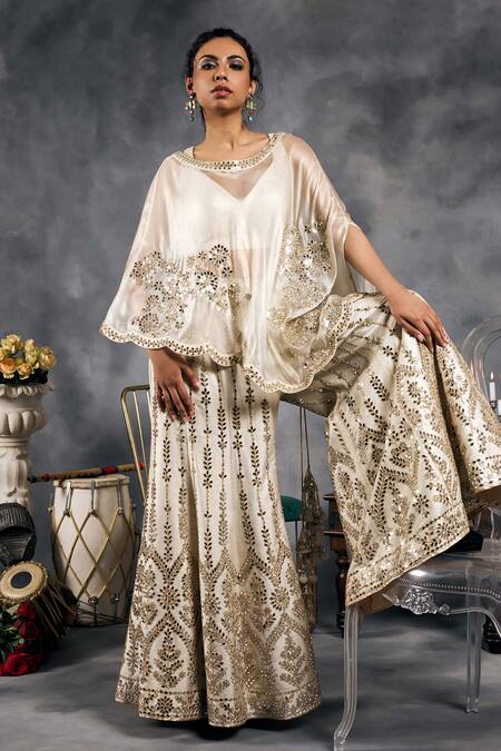 Buy Vandana Sethi Ivory Silk, Satin Mirrors Round Neck Gold Embroidered Kurta Set Online at Aza Fashions Buy_Vandana Sethi_Ivory Silk, Satin Mirrors Round Neck Gold Embroidered Kurta Set _Online_at_Aza_Fashions