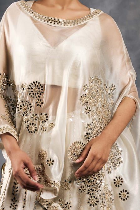 Shop Vandana Sethi Ivory Silk, Satin Mirrors Round Neck Gold Embroidered Kurta Set Online at Aza Fashions Shop_Vandana Sethi_Ivory Silk, Satin Mirrors Round Neck Gold Embroidered Kurta Set _Online_at_Aza_Fashions