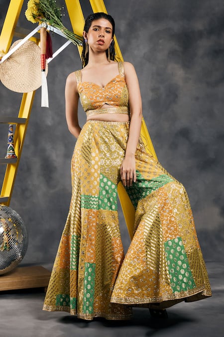 Shop_Vandana Sethi_Mustard Chanderi Silk Stones, Embroidery Sweetheart Neck Sharara Set _Online_at_Aza_Fashions