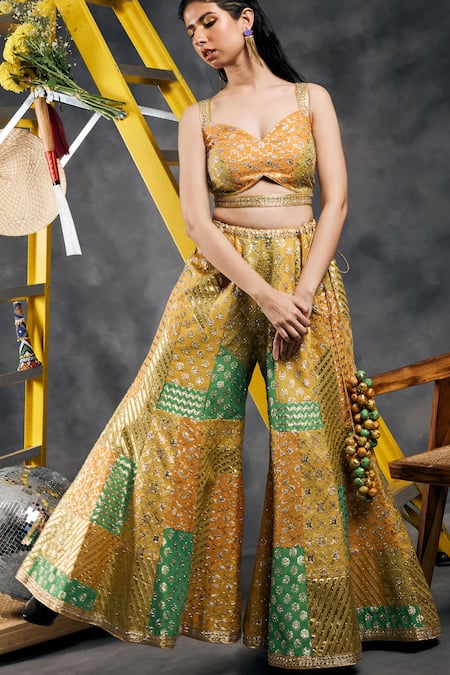 Vandana Sethi_Mustard Chanderi Silk Stones, Embroidery Sweetheart Neck Sharara Set _at_Aza_Fashions