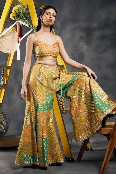 Shop_Vandana Sethi_Mustard Chanderi Silk Stones, Embroidery Sweetheart Neck Sharara Set 