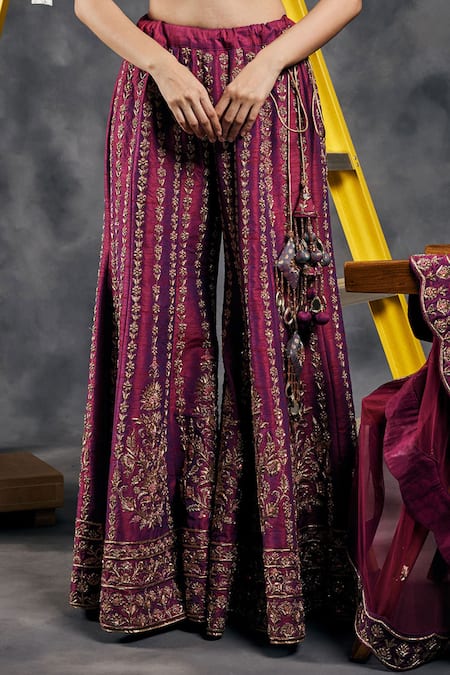 Buy_Vandana Sethi_Wine Silk, Chiffon Beads, Tassels V-neck Dabka Embroidered Sharara Set _Online_at_Aza_Fashions