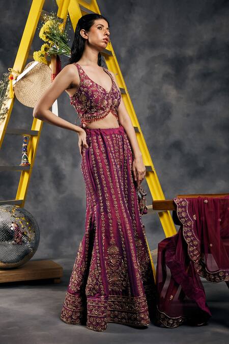Shop_Vandana Sethi_Wine Silk, Chiffon Beads, Tassels V-neck Dabka Embroidered Sharara Set _Online_at_Aza_Fashions