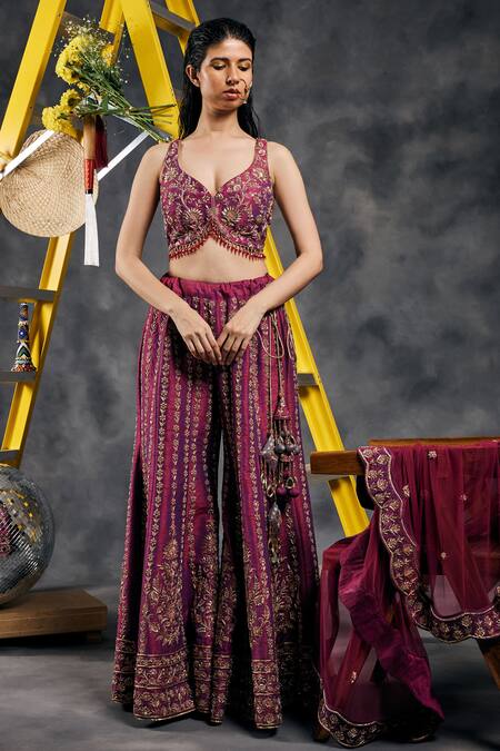 Vandana Sethi_Wine Silk, Chiffon Beads, Tassels V-neck Dabka Embroidered Sharara Set _at_Aza_Fashions