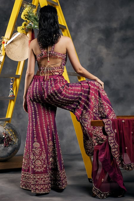 Vandana Sethi Wine Dabka Embroidered Sharara Set 