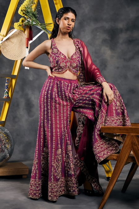 Vandana Sethi Wine Silk, Chiffon Beads, Tassels V-neck Dabka Embroidered Sharara Set 