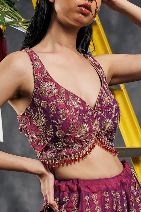 Buy_Vandana Sethi_Wine Silk, Chiffon Beads, Tassels V-neck Dabka Embroidered Sharara Set 