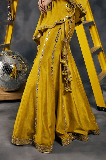 Buy Vandana Sethi Green Silk Tassels, Mirrors Embroidered Cape Lehenga Set Buy_Vandana Sethi_Green Silk Tassels, Mirrors Embroidered Cape Lehenga Set