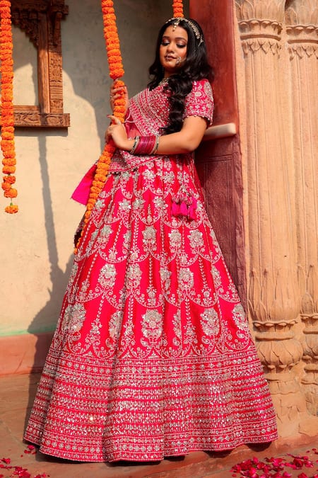 Amaltas Couture Red Raw Silk Embroidered Lehenga Set 