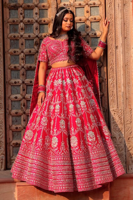 Amaltas Couture Red Raw Silk Embroidered Lehenga Set 