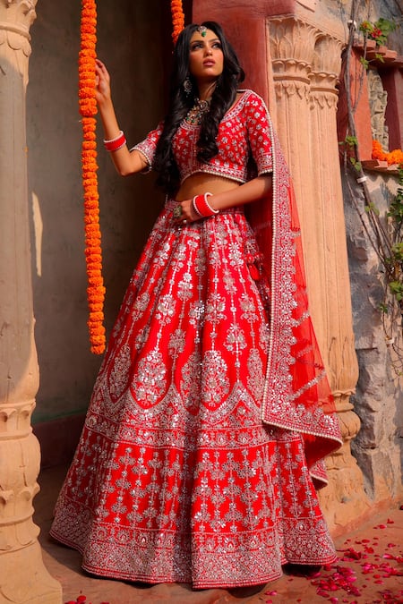 Shop Amaltas Couture Red Diamonds, Embroidery, Mirrors Round Neck Dabka Lehenga Set at Aza Fashions Shop_Amaltas Couture_Red Diamonds, Embroidery, Mirrors Round Neck Dabka Lehenga Set _at_Aza_Fashions