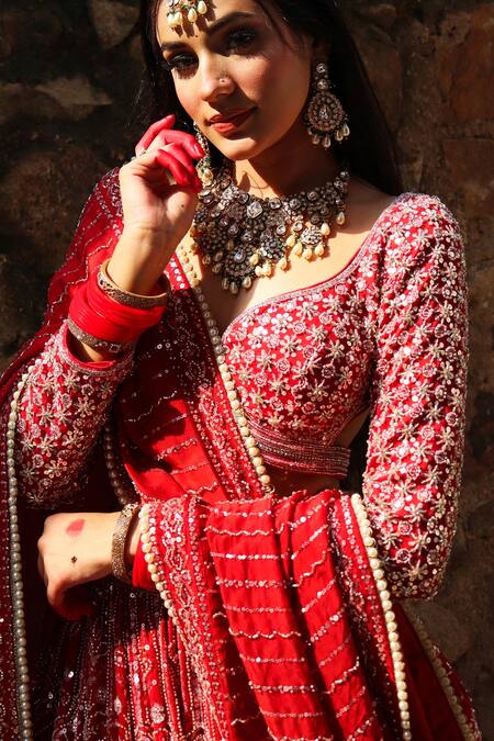 Amaltas Couture_Red Organza Embroidery, Beads, Sequins Brick Bridal Lehenga Set _Online_at_Aza_Fashions