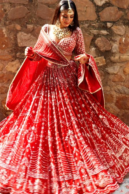 Shop_Amaltas Couture_Red Organza Embroidery, Beads, Sequins Brick Bridal Lehenga Set _at_Aza_Fashions