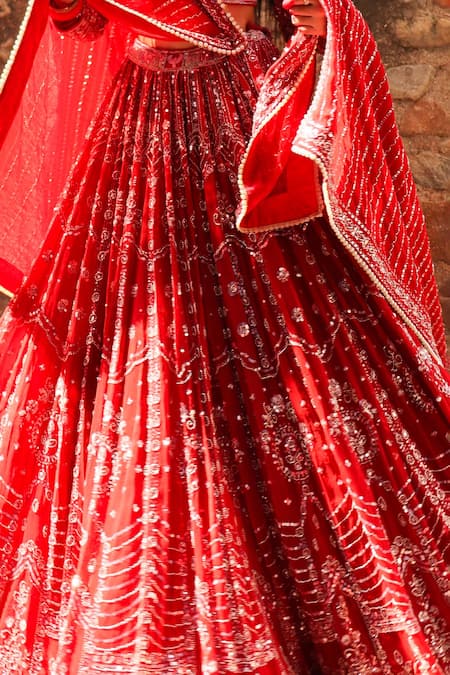 Shop_Amaltas Couture_Red Organza Embroidery, Beads, Sequins Brick Bridal Lehenga Set _Online_at_Aza_Fashions