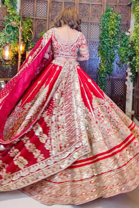 Shop_Amaltas Couture_Red Silk, Organza Beads, Sequins Round Neck Scarlet Bridal Lehenga Set _at_Aza_Fashions