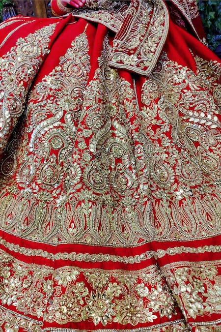 Shop_Amaltas Couture_Red Silk, Organza Beads, Sequins Round Neck Scarlet Bridal Lehenga Set _Online_at_Aza_Fashions