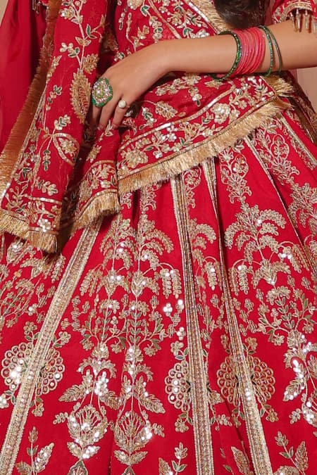 Amaltas Couture_Red Silk, Organza, Net Sequins, Zari Round Neck Bridal Lehenga Set _Online_at_Aza_Fashions