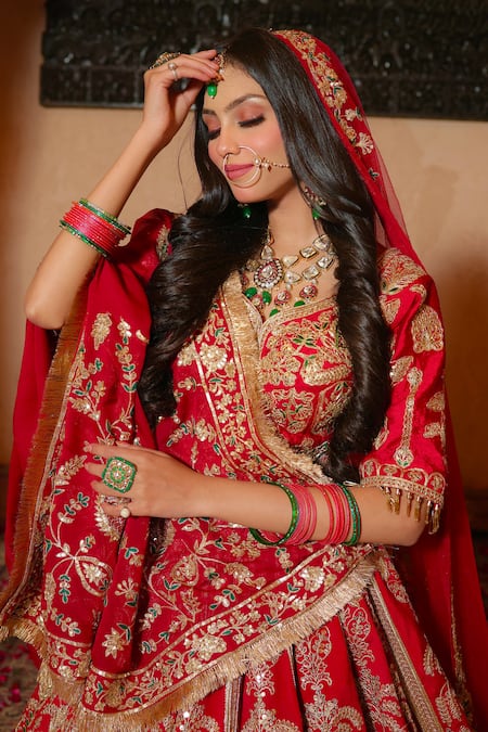 Buy_Amaltas Couture_Red Silk, Organza, Net Sequins, Zari Round Neck Bridal Lehenga Set _Online_at_Aza_Fashions