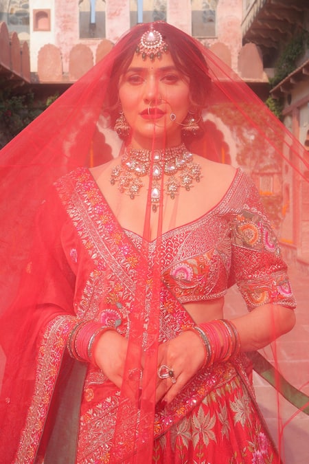 Amaltas Couture_Red Silk, Net, Organza Beads, Embroidery Round Neck Bridal Lehenga Set _Online_at_Aza_Fashions