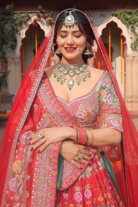 Buy_Amaltas Couture_Red Silk, Net, Organza Beads, Embroidery Round Neck Bridal Lehenga Set _Online_at_Aza_Fashions