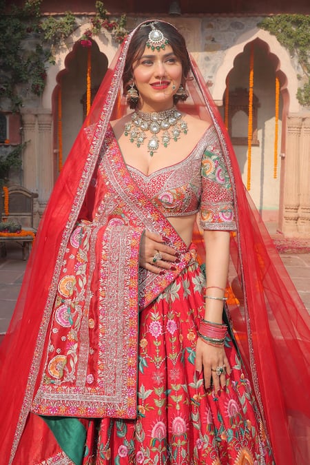 Shop_Amaltas Couture_Red Silk, Net, Organza Beads, Embroidery Round Neck Bridal Lehenga Set _Online_at_Aza_Fashions