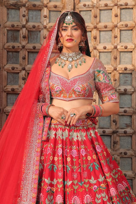 Amaltas Couture_Red Silk, Net, Organza Beads, Embroidery Round Neck Bridal Lehenga Set _at_Aza_Fashions