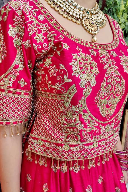 Buy Amaltas Couture Pink Silk, Net Embroidery, Beads Round Neck And Bridal Lehenga Set Online at Aza Fashions Buy_Amaltas Couture_Pink Silk, Net Embroidery, Beads Round Neck And Bridal Lehenga Set _Online_at_Aza_Fashions