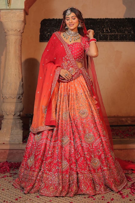 Amaltas Couture Ombre Red Zardozi Embroidered Lehenga Set 
