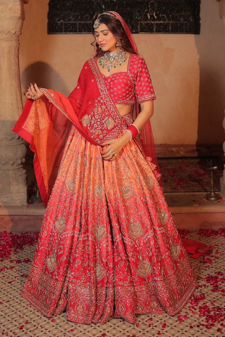 Buy_Amaltas Couture_Orange Silk, Organza, Net Zari, Sequins, Ombre Red Zardozi Lehenga Set _Online_at_Aza_Fashions