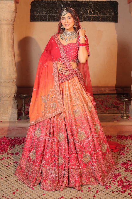 Amaltas Couture Ombre Red Zardozi Embroidered Lehenga Set 
