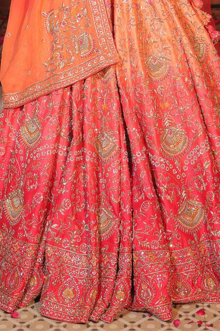 Shop_Amaltas Couture_Orange Silk, Organza, Net Zari, Sequins, Ombre Red Zardozi Lehenga Set _Online_at_Aza_Fashions