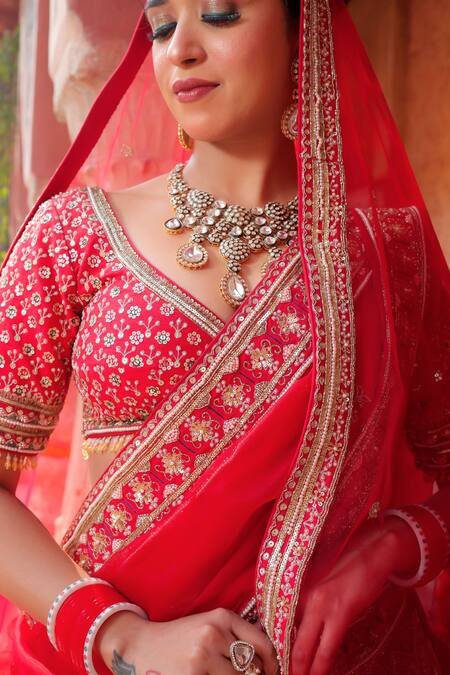 Amaltas Couture_Red Silk, Net, Organza Beads, Sequins, Zari Round Embroidered Bridal Lehenga Set _Online_at_Aza_Fashions