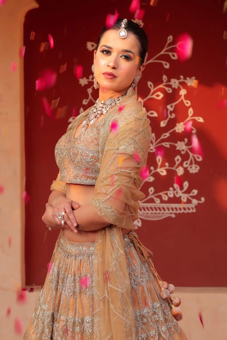 Buy_Amaltas Couture_Gold Net, Crepe Embroidery V-neck Bridal Lehenga Set _Online_at_Aza_Fashions
