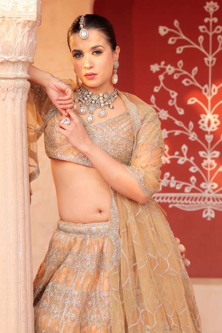 Shop_Amaltas Couture_Gold Net, Crepe Embroidery V-neck Bridal Lehenga Set _Online_at_Aza_Fashions