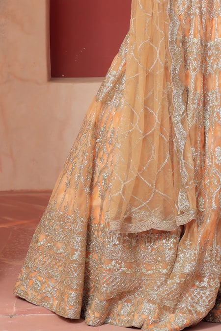 Amaltas Couture_Gold Net, Crepe Embroidery V-neck Bridal Lehenga Set _at_Aza_Fashions