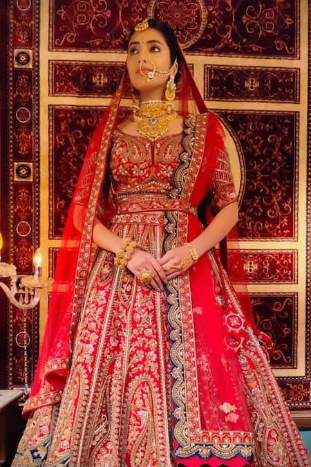 Amaltas Couture_Red Silk, Net Zari, Embroidery, Metallic Thread, Ruby Zardozi Lehenga Set _Online_at_Aza_Fashions