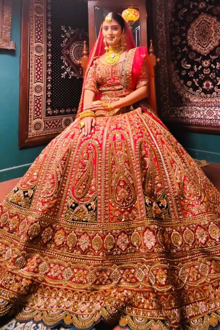 Buy_Amaltas Couture_Red Silk, Net Zari, Embroidery, Metallic Thread, Ruby Zardozi Lehenga Set _Online_at_Aza_Fashions