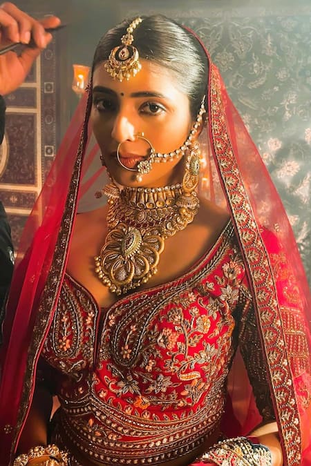 Shop_Amaltas Couture_Red Silk, Net Zari, Embroidery, Metallic Thread, Ruby Zardozi Lehenga Set _Online_at_Aza_Fashions