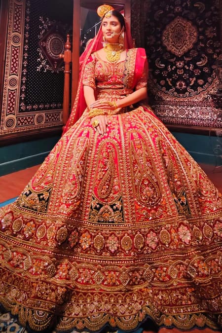 Amaltas Couture Ruby Red Zardozi Embroidered Lehenga Set 