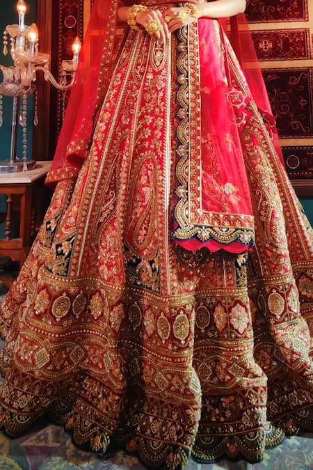 Amaltas Couture_Red Silk, Net Zari, Embroidery, Metallic Thread, Ruby Zardozi Lehenga Set _at_Aza_Fashions
