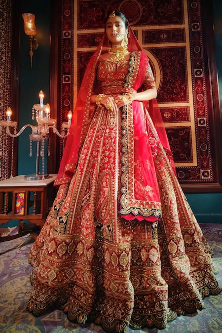 Amaltas Couture Ruby Red Zardozi Embroidered Lehenga Set 
